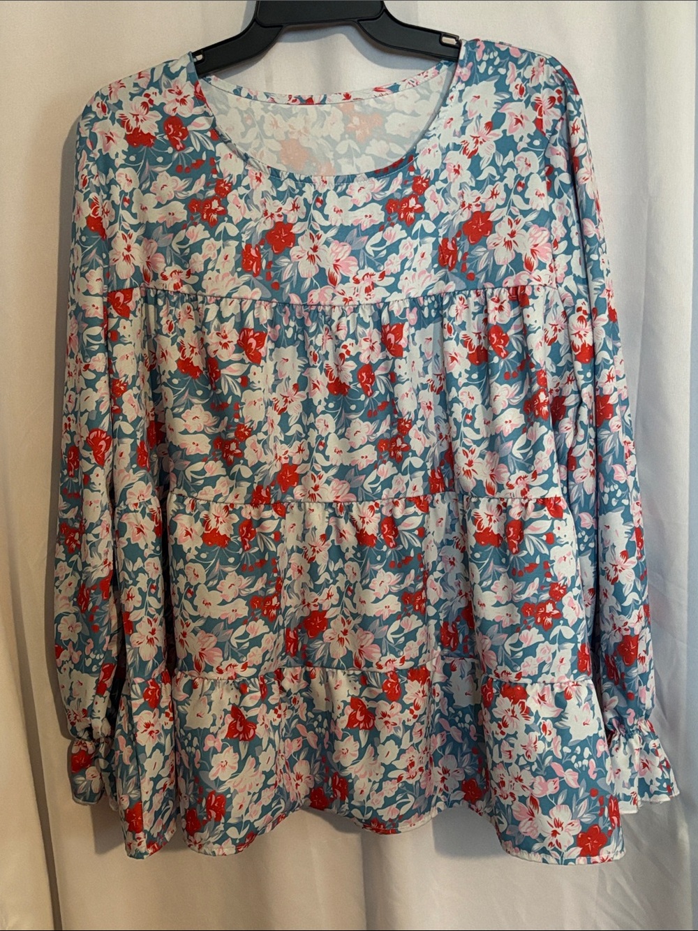 Tiered Floral Blouse in Blue, White, Pink & Red